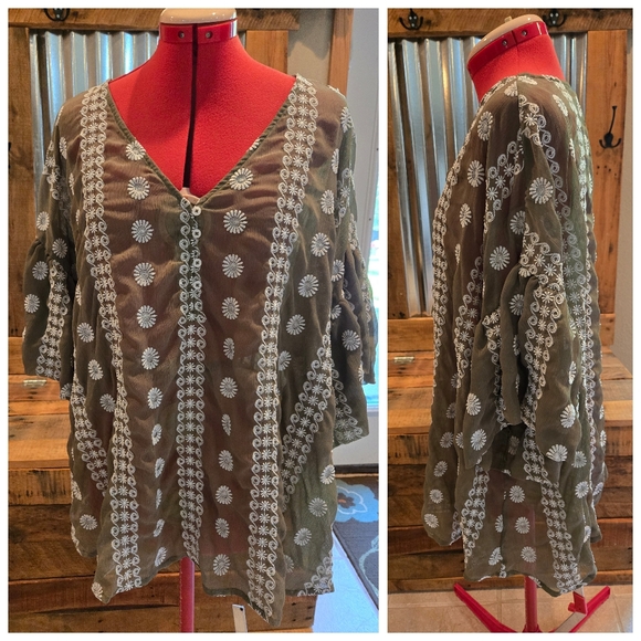 2 Pc Semi Sheer Tunic Olive/grey Embroidered Flowers 18/20 & Tank Cato - Picture 1 of 5